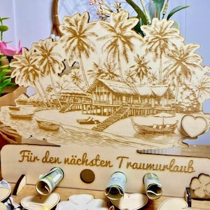 Bon d'achat cadeau anniversaire bois, vacances, palmiers, voyage Maldives - carte cadeau vacances palmiers plage billets de banque personnalisation A59