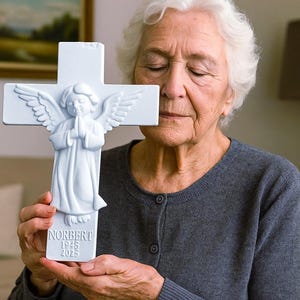 Cross with roses in stone look - 3D angel - grave angel memorial stone - grave decoration & grave decoration with name date personalization - mourning decoration