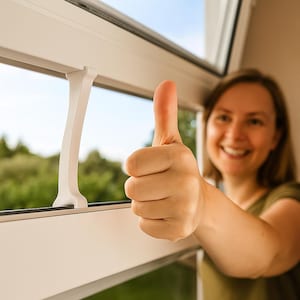 Puede incluir: Un cierre de ventana blanco instalado en un marco de ventana blanco. Una persona da el visto bueno en señal de aprobación. El fondo muestra un paisaje verde y un cielo azul.