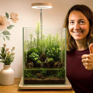 Può includere: Un piccolo terrario rettangolare in vetro con piante verdi lussureggianti, rocce e acqua. Una piccola luce LED regolabile è sopra il terrario. Una donna sorride e alza il pollice. Un vaso bianco con fiori è su un tavolo di legno.