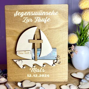Chèque-cadeau de baptême en espèces, bateau en bois, voilier, cadeau de foi, amour, espoir, cadeau de baptême, croix personnalisée, ancre, durable, A90