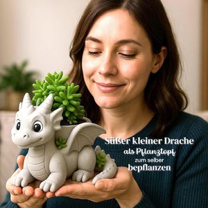 以下が含まれることがあります： 白いセラミック製のドラゴン型のプランターに多肉植物が入っています。ドラゴンはかわいい顔をしていて、口の中に植物を持っています。画像には「Süßer kleiner Drache als Pflanztopf zum selber bepflanzen」というテキストが書かれています。