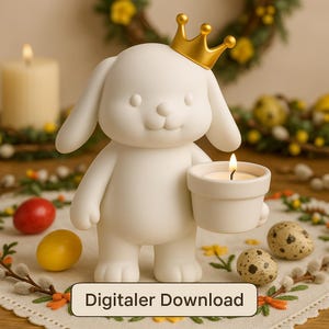Könnte beinhalten: Eine weiße Hasenfigur mit goldener Krone, die einen kleinen Kerzenhalter mit einer brennenden Kerze hält. Die Figur ist von Osterdekorationen umgeben, darunter Eier und florale Akzente. Der Text "Digitaler Download" befindet sich unten.