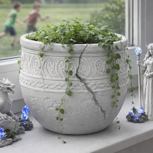 Peut inclure: Un grand pot blanc fissuré rempli de verdure, flanqué de statues sur le thème de la fantaisie. Une statue de dragon avec des accents de cristal bleu est à gauche, et une figure féminine avec un bâton à droite. Des enfants jouent en arrière-plan.