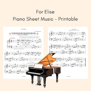 Para Elise - Partitura de piano fácil para principiantes - Nombres de letras, Números de dedos, Lección de piano, Autodidacta