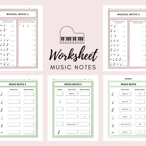 May include: A printable worksheet for learning about music notes. The worksheet includes three sections: Musical Maths 1, Musical Maths 2, and Music Notes. The Music Notes section has two pages, one for learning the names of notes and the other for learning the number of beats for each note. The worksheet is designed for children and includes a piano illustration.