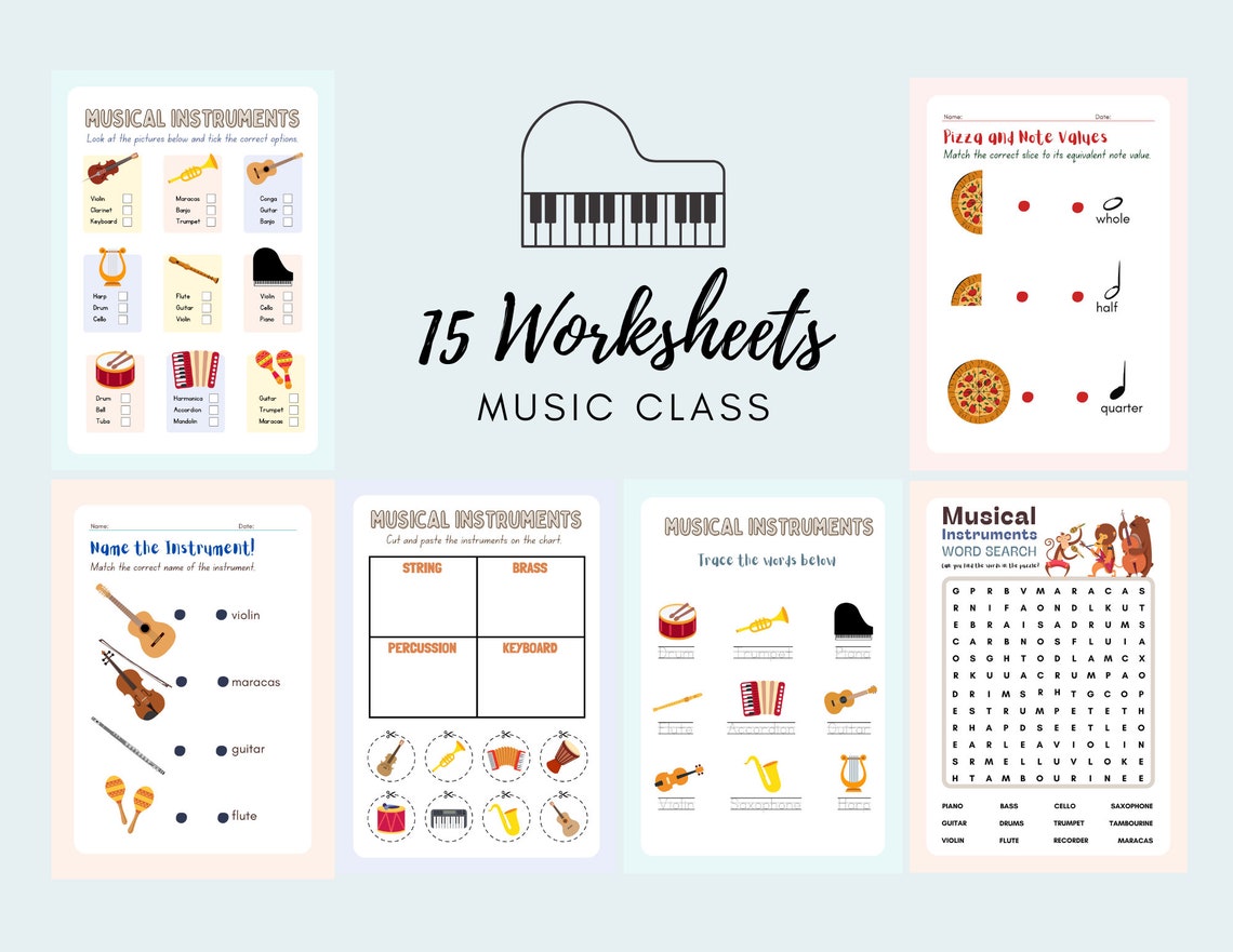 Playing Instruments Following Notes Music Worksheet Bundle, Instruments, Note Values, Mnemonic Chart (PDF ...
