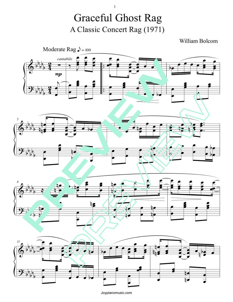 Piano Sheet Music Download [graceful Ghost Rag by William Bolcom] - Etsy