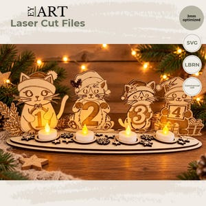 Archivo Corte Láser Calendario de Adviento con Gatos SVG 3 mm Candelabro Navideño LBRN Glowforge xTool