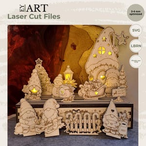 Puede incluir: Una colección de decoraciones navideñas de madera cortadas con láser que incluye gnomos, un trineo con regalos, un buzón, un farol y una casa. Diseñado para un grosor de material de 3-4 mm, incluye archivos SVG y LBRN para uso privado.