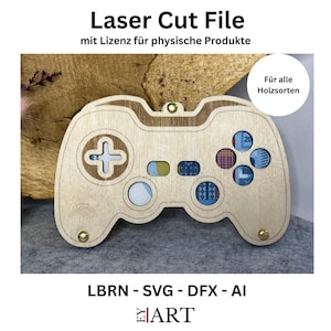 Könnte beinhalten: Ein lasergeschnittenes Holz-Controller-Design mit dem Text "Laser Cut File" und "mit Lizenz für physische Produkte". Der Controller hat ein kreuzförmiges Steuerkreuz, Knöpfe und den Text "Für alle Holzsorten". Das Design enthält die Dateiformate LBRN, SVG, DFX und AI.