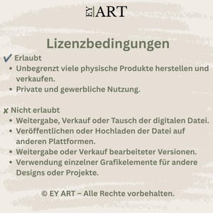 K&ouml;nnte beinhalten: Eine beige Infografik mit dem Titel EY ART Lizenzbedingungen. Sie listet erlaubte Nutzungen wie die unbegrenzte Herstellung physischer Produkte f&uuml;r private und gewerbliche Zwecke sowie Verbote wie das Teilen oder Verkaufen der digitalen Datei auf.
