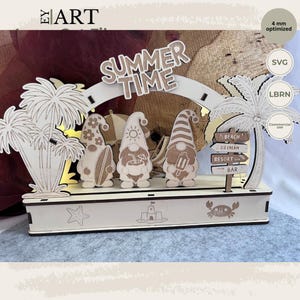 Laser Cut File Summer Gnome Holiday SVG LBRN, Beach Wooden Decoration with Palm Tree, Summer Time Decor Laser Cutter Template 4 mm Laser File