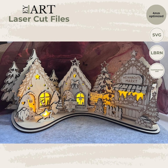 Laser Cut File Weihnachtsdorf SVG | Weihnachtsmarkt mit Wichteln | Weihnachtsdeko Holz | LightBurn LBRN | Weihnachten Laser Cut
