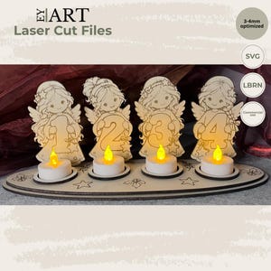 May include: A laser-cut wooden advent display featuring four angel figures holding the numbers 1, 2, 3, and 4. The base includes four circular cutouts holding small, battery-operated tea light candles with warm yellow LED flames.