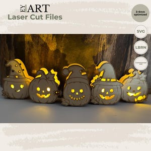 Halloweenpumpaset med 5 – Laserskurna upplysta pumpor – Halloweendekorationer i trä – Laserskuren fil