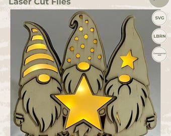Christmas Gnome Star Lantern SVG, Lighted Gnome Decoration Laser Cut File, Christmas Gnome, LightBurn File, Glowforge, Holiday Wooden Decor