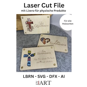 Op de afbeelding: Lasergesneden houten plaquettes met kruis- en hartontwerpen, met de tekst "Zur Kommunion" en andere Duitse tekst. De plaquettes zijn gemaakt van lichtgekleurd hout en worden bij elkaar gehouden met goudkleurige klinknagels. De afbeelding bevat ook de tekst "Laser Cut File".