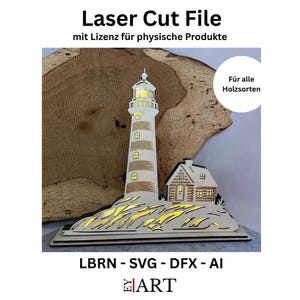 Puede incluir: Archivo de corte láser de un faro y una casa. El faro es blanco con iluminación interior amarilla. La casa también es blanca con iluminación interior amarilla. La base es de color marrón claro. El texto "Laser Cut File" y "LBRN - SVG - DFX - AI" son visibles.
