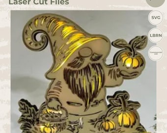 Laserdatei Wichtel mit Kürbis, Herbstdeko aus Holz, Wichtel Lampe mit Fliegenpilz, Herbst Laser Cut File