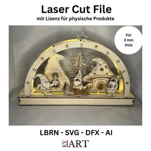 May include: A laser-cut wooden Christmas village scene featuring gnomes, houses, and a Christmas tree. The arch design has star cutouts and is lit with lights. The text "Laser Cut File" and "LBRN - SVG - DFX - AI" are visible.