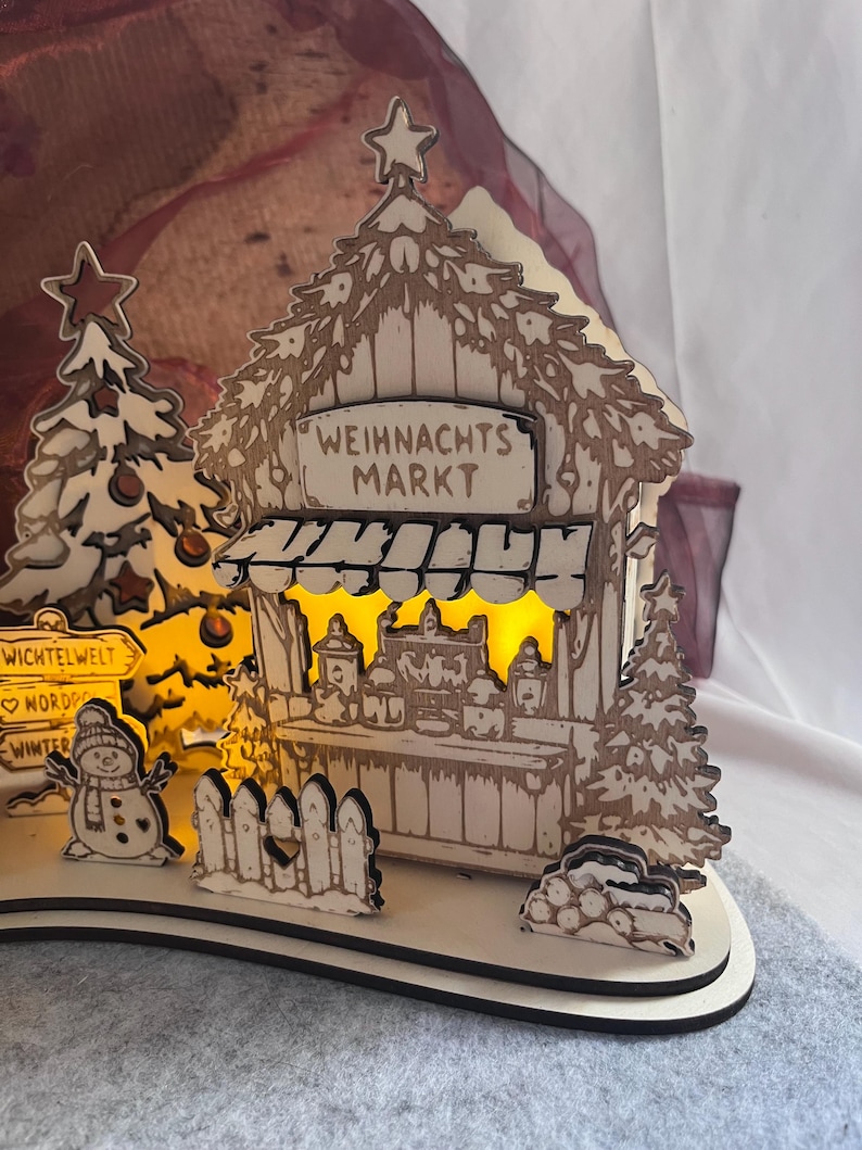 K&ouml;nnte beinhalten: Eine lasergeschnittene Weihnachtsmarktszene aus Holz mit einem Stand mit der Aufschrift WEIHNACHTS MARKT, einem Schneemann, einem Wegweiser mit der Beschriftung WICHTELWELT, NORDPOL und WINTER sowie Tannenb&auml;umen. Die Szene wird von innen beleuchtet.