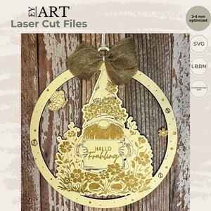 Laserskuren fildörrskyltögla med gnomfjäder, välkomstskylt