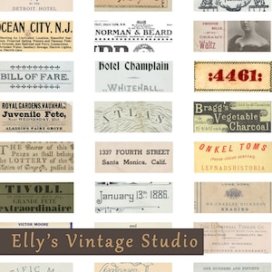 Puede incluir: Una colección de anuncios y etiquetas vintage. Los anuncios presentan texto en varias fuentes y estilos, incluyendo "Ocean City, N.J.", "Hotel Champlain", "Bragg's Vegetable Charcoal", "Elly's Vintage Studio" y "The Universal Tinker Co.".