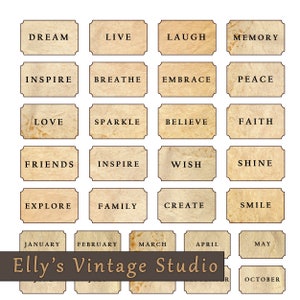 DIGITAL Vintage Look, Junk Journal Ephemera, Citas, Frases, Amor, Esperanza, Sueño, 40 Etiquetas Digitales, Imprimible