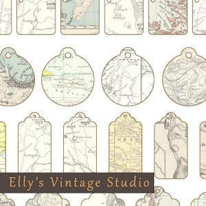 Puede incluir: Un conjunto de 12 etiquetas de regalo de estilo mapa vintage con bordes marrones. Las etiquetas presentan varios mapas de diferentes lugares, incluyendo un mapa de Haití, un mapa de Oklahoma y un mapa de una región de Inglaterra. Las etiquetas son perfectas para agregar un toque vintage a los regalos o las manualidades.