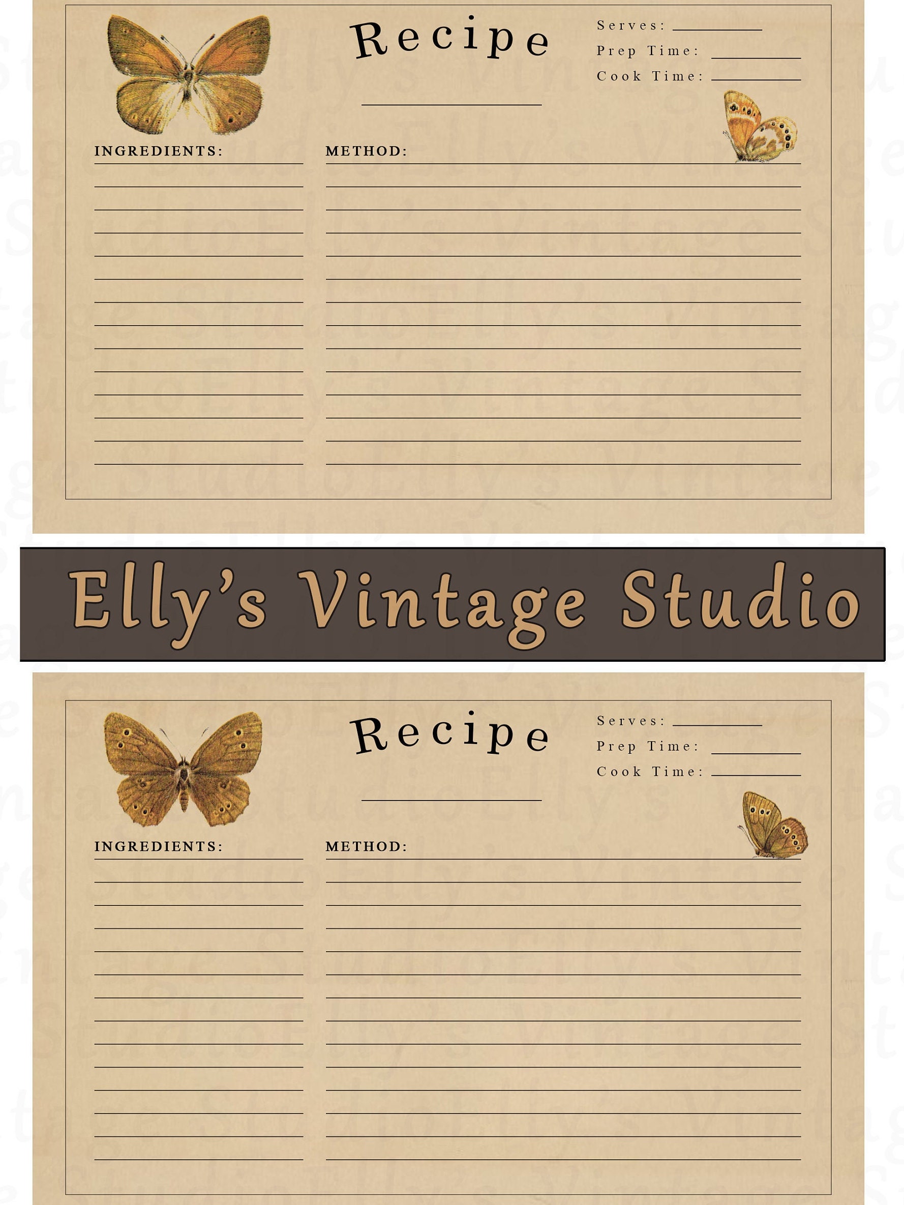 DIGITAL Vintage Butterfly Recipe Cards 6 X 4 Inch/15 X 10 Cm Etsy