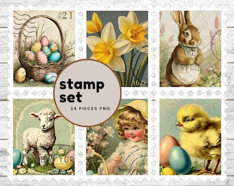 Vintage nepstempels voor Pasen | Efemere ongewenste tijdschriften (digitale png-download)