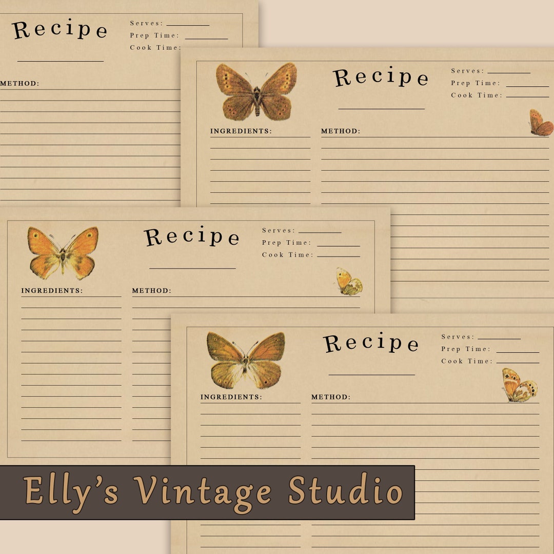 DIGITAL Vintage Butterfly Recipe Cards 6 X 4 Inch/15 X 10 Cm Etsy
