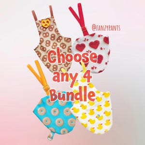 May include: Four colorful oven mitts with different patterns: pretzels, hearts, donuts, and rubber ducks. The text "Choose any 4 Bundle" is overlaid on the image. The brand name "@FANZYPANTS" is also visible.