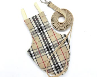 Handmade Pigeon Pants Flightsuit - Beige Tartan Bird Diaper w/ Leash Add-On