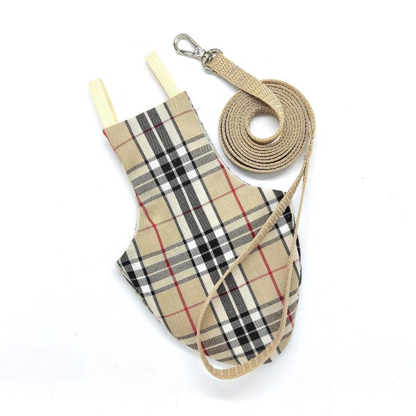 Handmade Pigeon Pants Flightsuit - Beige Tartan Bird Diaper w/ Leash Add-On