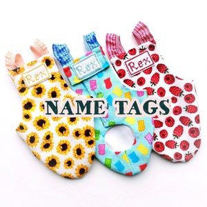 May include: Three colorful pet diapers with personalized name tags. The diapers feature a sunflower pattern, a gummy bear pattern, and a red raspberry pattern. The name tags read "Rex", "Rex", and "Owen".