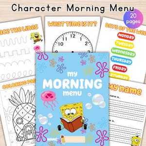 May include: A printable activity book featuring Spongebob Squarepants. The book includes a coloring page, a "What Time Is It?" clock, a "Days of the Week" chart, a "My Name" page, and a "My Morning Menu" page. The book is designed for children to use as a morning routine.