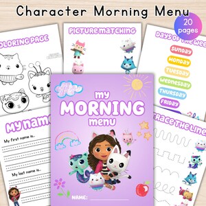 May include: A printable activity book for kids featuring a purple cover with a cartoon girl and cat characters. The book includes activities like coloring, picture matching, tracing lines, and writing your name. The title of the book is "My Morning Menu".