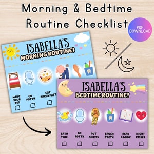 Puede incluir: Una lista de verificación imprimible para la rutina matutina y la hora de acostarse de un niño. La lista de verificación se divide en dos secciones, una para la mañana y otra para la hora de acostarse. Cada sección tiene una lista de actividades con una casilla junto a cada una para que el niño la marque al completarlas. La rutina matutina incluye hacer la cama, ir al baño y desayunar. La rutina de la hora de acostarse incluye la hora del baño, ir al baño, ponerse la pijama, cepillarse los dientes, leer un libro y recibir besos de buenas noches.