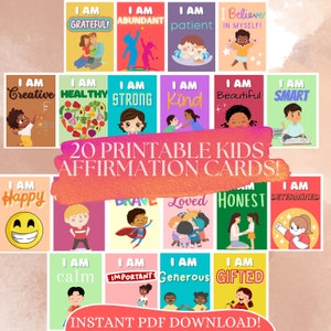 Cartões de afirmação positiva infantil | Conjunto de 20 | Cartões de afirmação para crianças para impressão | Download Digital | Cartões de incentivo para crianças | PDF