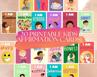 May include: Twenty printable affirmation cards for kids featuring colorful illustrations and positive messages. Each card has a different affirmation, such as "I am creative", "I am strong", and "I am loved".