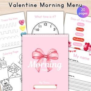 Puede incluir: Un libro de actividades imprimible para niños sobre el Día de San Valentín, en rosa y blanco. La portada presenta un lazo rosa y el texto "my Morning menu". El libro incluye actividades como trazar líneas, páginas para colorear, aprender la hora y escribir tu nombre.