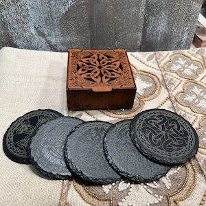 Celtic Inspired Slate Coaster Set with Customizable Storage Box