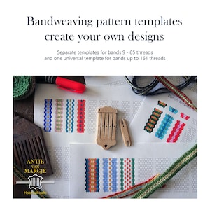 May include: Image of bandweaving pattern templates with the text "Bandweaving pattern templates create your own designs". The image shows colorful band weaving designs, wooden weaving tools, and spools of yarn.