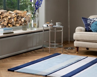 Hand-Tufted Wool Rug: Modern Blue & Gray Striped Design