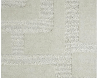 Tapete geométrico neutro com textura, carpete escandinavo creme com pelo alto e baixo.