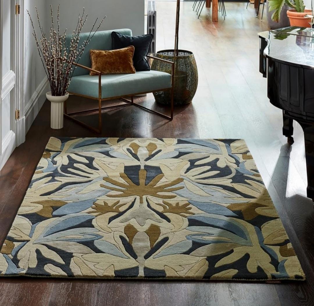 Abstract Botanical Rug in Blue, Olive, and Beige - Etsy