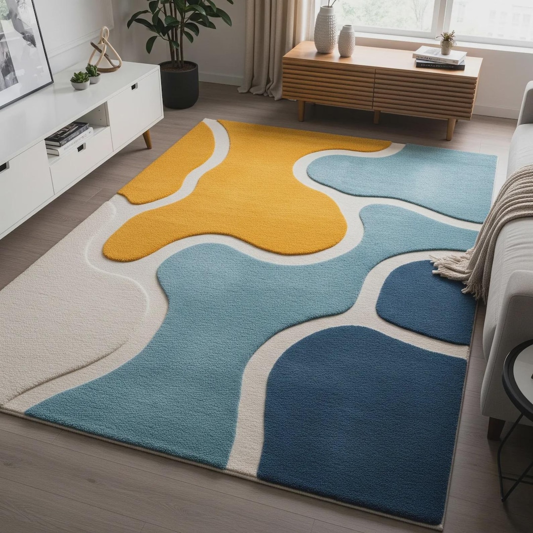 Abstract Wave Area Rug, Mustard Yellow, Blue, High-low Texture - Etsy