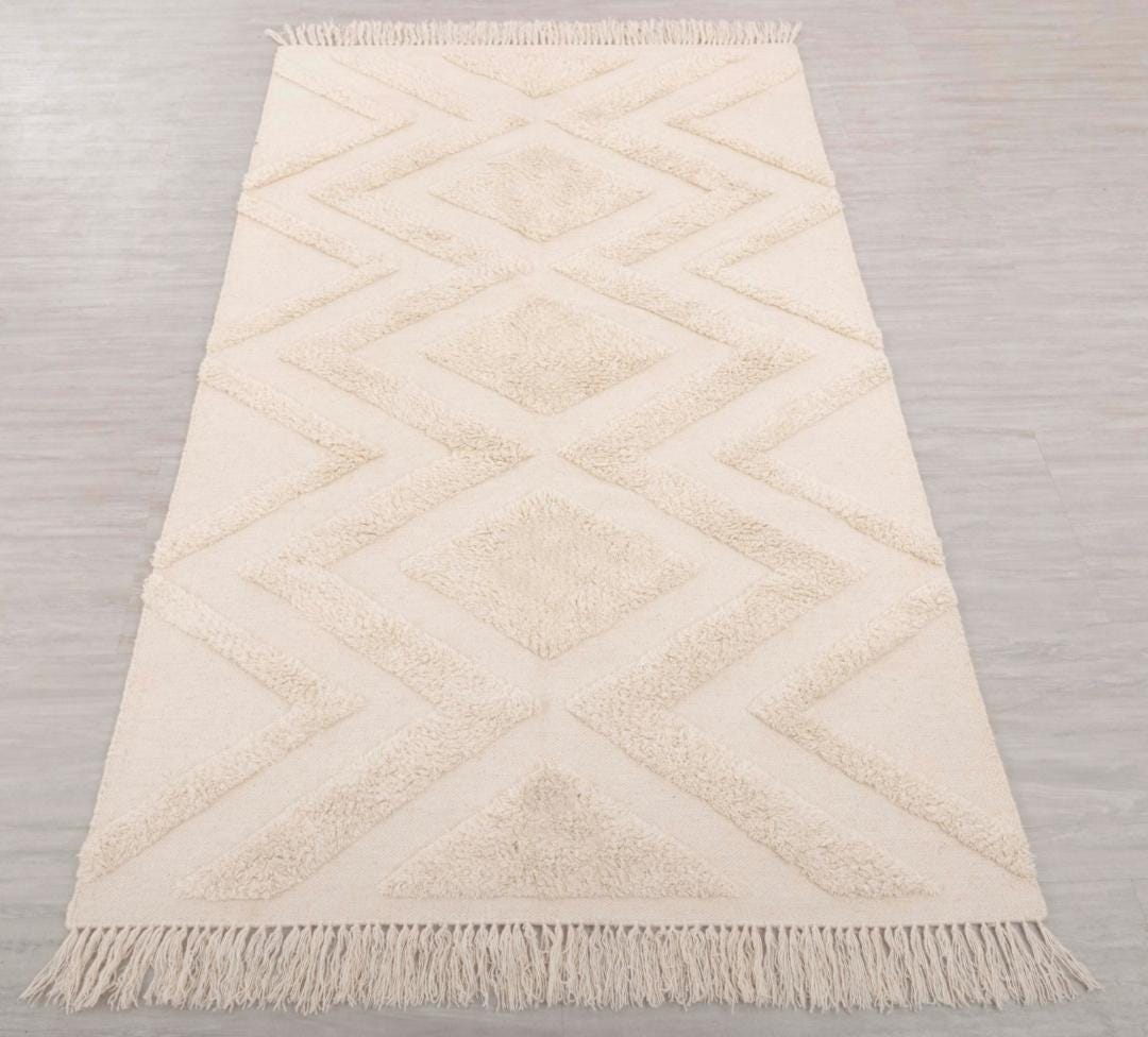 Moroccan Boho Rug Ivory White Wool Natural Hand Made, Customize in Any ...